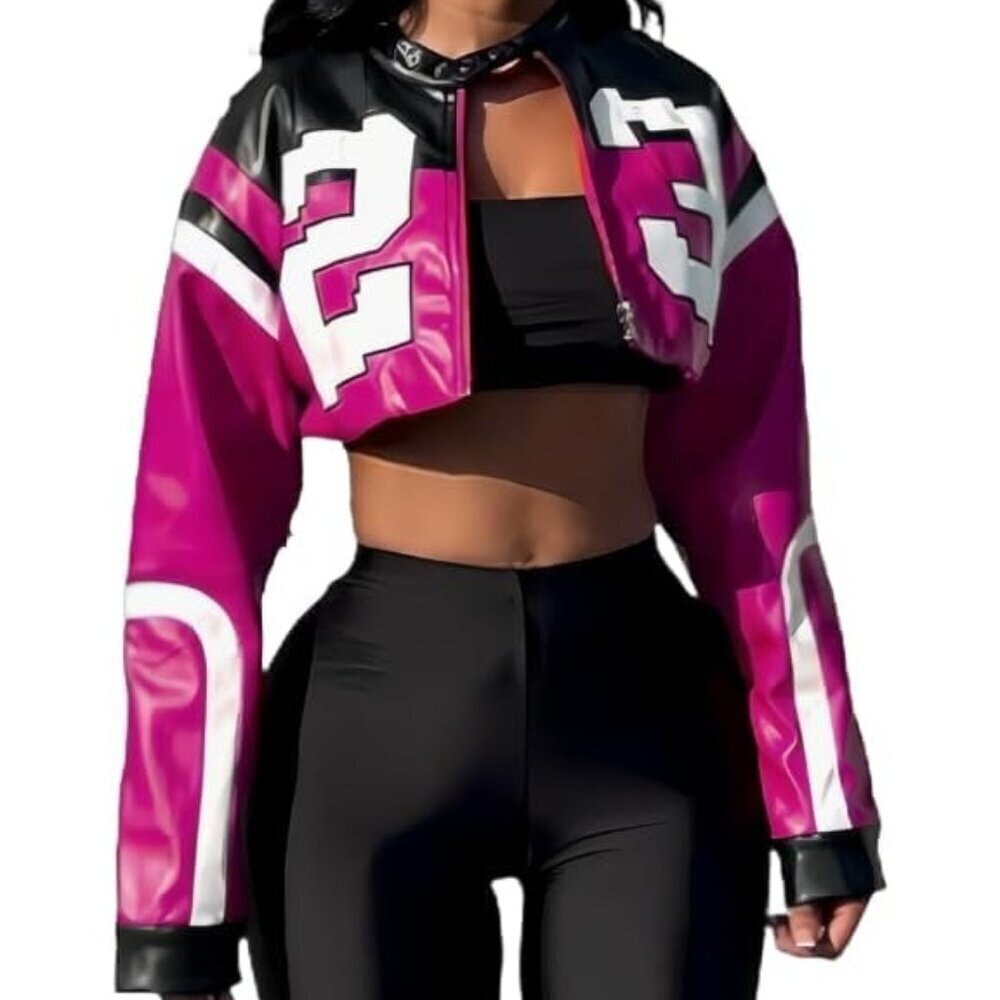 🆕Womens Trose VOIKERDR Faux Leather Cropped Motorcycle Bomber Y2K Street Jacket
